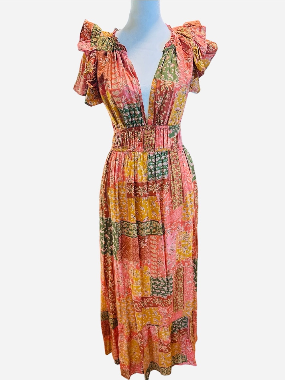 Bila Patchwork Boho Maxi Dress Ruffle Sleeve Plunge Neck Size XS/S